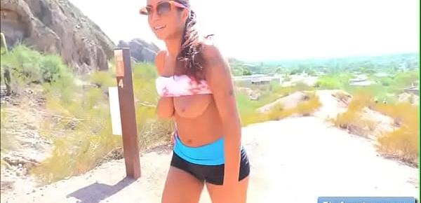  Sexy hot babe Stacy goes for a run and reveal her natural big boobs outdoors and masturbate on some rocks
